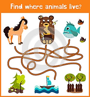 Fun and colorful puzzle game for children's development find where a deer, striped Chipmunk and fish. Training mazes for preschool