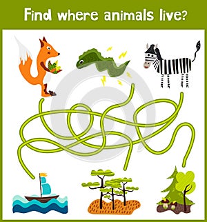 Fun and colorful puzzle game for children's development find where a deer, striped Chipmunk and fish. Training mazes for preschool