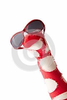 Fun colorful red sock puppet in sunglasses