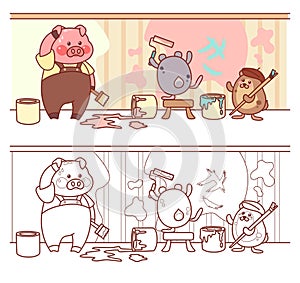 Fun coloring page of piglet and hamsters paint walls. Cute characters is doing repair in room. Funny vector