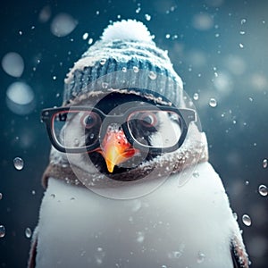 Fun cool freezing penguin with hat, scarf and glasses