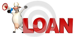Fun Cow cartoon character with loudspeaker and loan