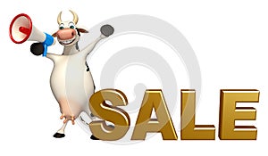 Fun Cow cartoon character with loudspeaker and sale sign