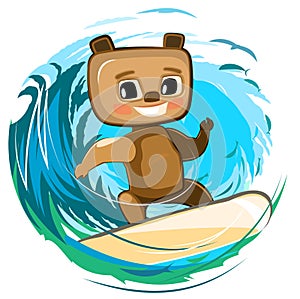 Fun cute Bear goes in for sports on the water. Summer vacation in tropic ocean. Adventure and travel on wave. Surf