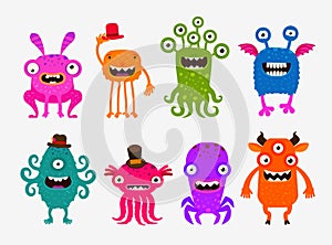 Fun cute cartoon monsters. Set icons vector illustration