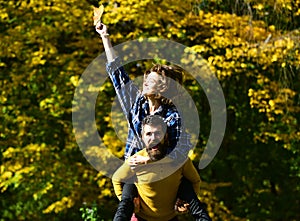 Fun and dating. Couple in love walks in autumn park.