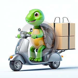 Fun delivery turtle on a scooter, on a white background