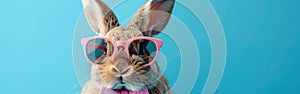 Fun Easter Bunny with Pink Shades & Bow Tie - Greeting Card or Holiday Concept Animal Celebration on Blue