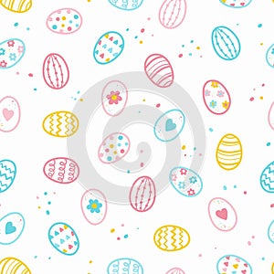 Fun Easter Eggs seamless pattern, hand drawn doodles, colorful happy eggs, great for textiles, banners, backgrounds, wallpaper -