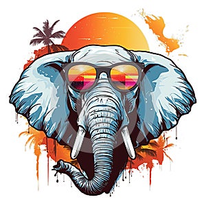 Fun elephant with sunglasses and palm trees, cartoon illustration