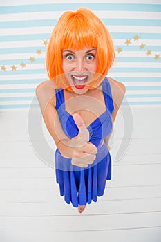 Fun and entertainment. Lady actress practicing performance. Girl posing striped background of studio. Lady red or ginger
