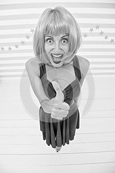 Fun and entertainment. Lady actress practicing performance. Girl posing striped background of studio. Lady red or ginger