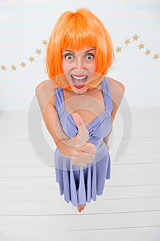 Fun and entertainment. Lady actress practicing performance. Girl posing striped background of studio. Lady red or ginger