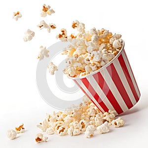 Popcorn explosion in a red and white striped container isolated on white background