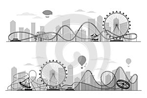 Fun fair amusement park landscape silhouette with ferris wheel, carousels and roller coaster photo