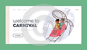 Fun Fair Carnival Landing Page Template. Little Kids Characters Riding Roller Coaster, Recreation in Amusement Park
