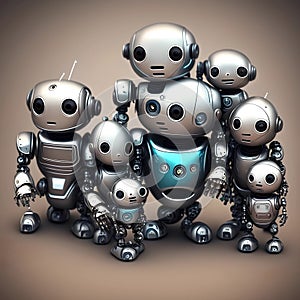 A portrait of a family of robots, depicting large and baby robots, generated by AI.