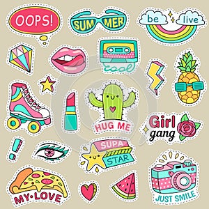 Fun fashion teenage stickers. Cute cartoons patches for teenager. Sticker pack vector illustration set