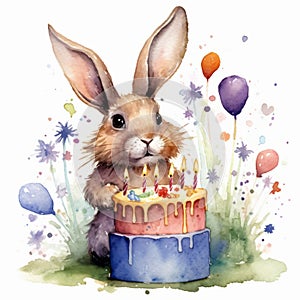 Fun festive bunny with party hat, party flags and confetti falling. Watercolor illustration of Animal birthday background concept