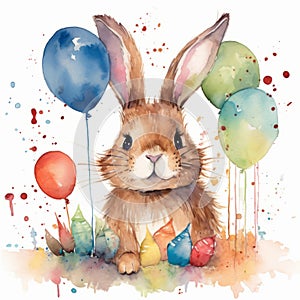 Fun festive bunny with party hat, party flags and confetti falling. Watercolor illustration of Animal birthday background concept