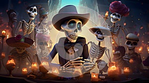 Fun, festive, cheerful skeletons and skeletons around, candles and darkness darkness. For the day of the dead and Halloween