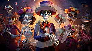 Fun, festive, cheerful skeletons and skeletons around, candles and darkness darkness. For the day of the dead and Halloween