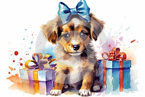 Fun festive cute puppy with birthday cake, party flags and confetti falling. Watercolor illustration of Animal birthday background