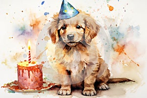 Fun festive cute puppy with birthday cake, party flags and confetti falling. Watercolor illustration of Animal birthday background