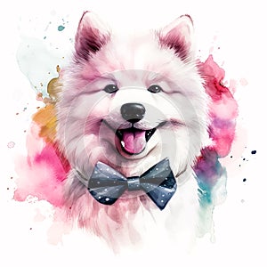 Fun and Fluffy: A Samoyed Puppy in Watercolor with a Bow and Glasses Stock Photo that Brings Joy to Any Project! AI Generated