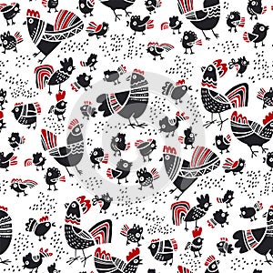Fun folk Easter chicken seamless pattern