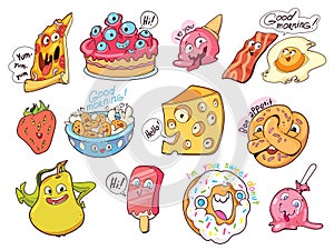 Fun food is drawn in comic style. Drawing characters with different emotions. Sticker pack