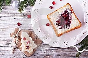 Fun food for kids and adults to toast the festive lunch on Christmas New Year of white bread in the shape trees