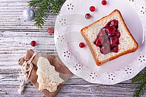 Fun food for kids and adults to toast the festive lunch on Christmas New Year of white bread in the shape trees