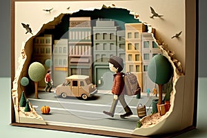 Fun, friends, travel and tourism concept. Handsome boy looking for direction in the city, An illustrated storybook imitation in
