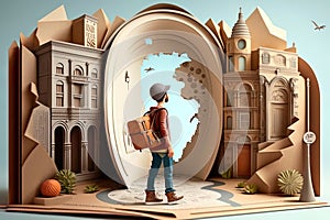 Fun, friends, travel and tourism concept. Handsome boy looking for direction in the city, An illustrated storybook imitation in