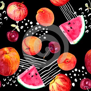 Fun fruit motif with apricot, peach, cherry, watermelon - summer fruits. Seamless pattern with random lines and dots -