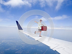 Fun and Funny Tourist Travel Flying on Airplane Jet Wing