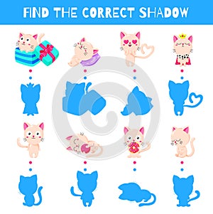 Fun game for kids. Find the correct shadow. Vector cartoon illustration. Cute doodle cats