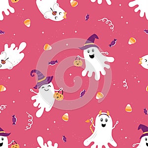 Fun halloween ghost seamless pattern, cute hand drawn background, great for Halloween textiles, wrapping, banners, wallpapers -