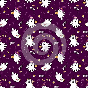 Fun halloween ghost seamless pattern, cute hand drawn background, great for Halloween textiles, wrapping, banners, wallpapers -