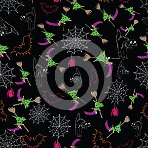 Fun Halloween seamless pattern background with witches on broomsticks,flying bats and spiderwebs with cute spiders.