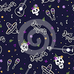 Fun hand drawn Dia de los Muertos `Day of the Dead` seamless pattern, great for textiles, banners, wallpapers, wrapping - vector d photo