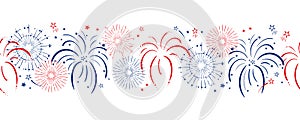 Fun hand drawn firework seamless pattern in red, blue white colors, party background, great for Independence day, fabrics, banners