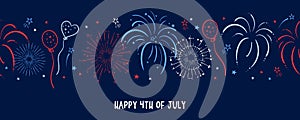Fun hand drawn firework seamless pattern in red, blue white colors, party background, great for Independence day, fabrics, banners