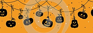 Fun hand drawn halloween horizontal pumpkin seamless pattern, cute pumpkins background, great for banners, wallpapers, textiles,
