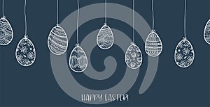 Fun hand drawn horizontal seamless Easter design with ornate eggs, doodle background, great for banners, wallpapers, cards,