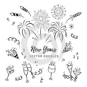 Fun hand drawn New Years Party doodles - firework, paper streamers, cocktails and rockets , great for banners, wallpapers,