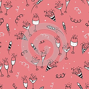 Fun hand drawn New Years Party seamless pattern - firework, paper streamers, cocktails and rockets doodles, great for banners,