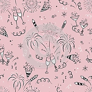 Fun hand drawn New Years Party seamless pattern - firework, paper streamers, cocktails and rockets doodles, great for banners,