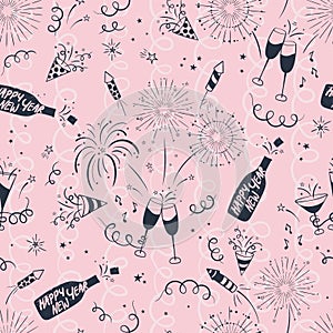 Fun hand drawn New Years Party seamless pattern - firework, paper streamers, cocktails and rockets doodles, great for banners,